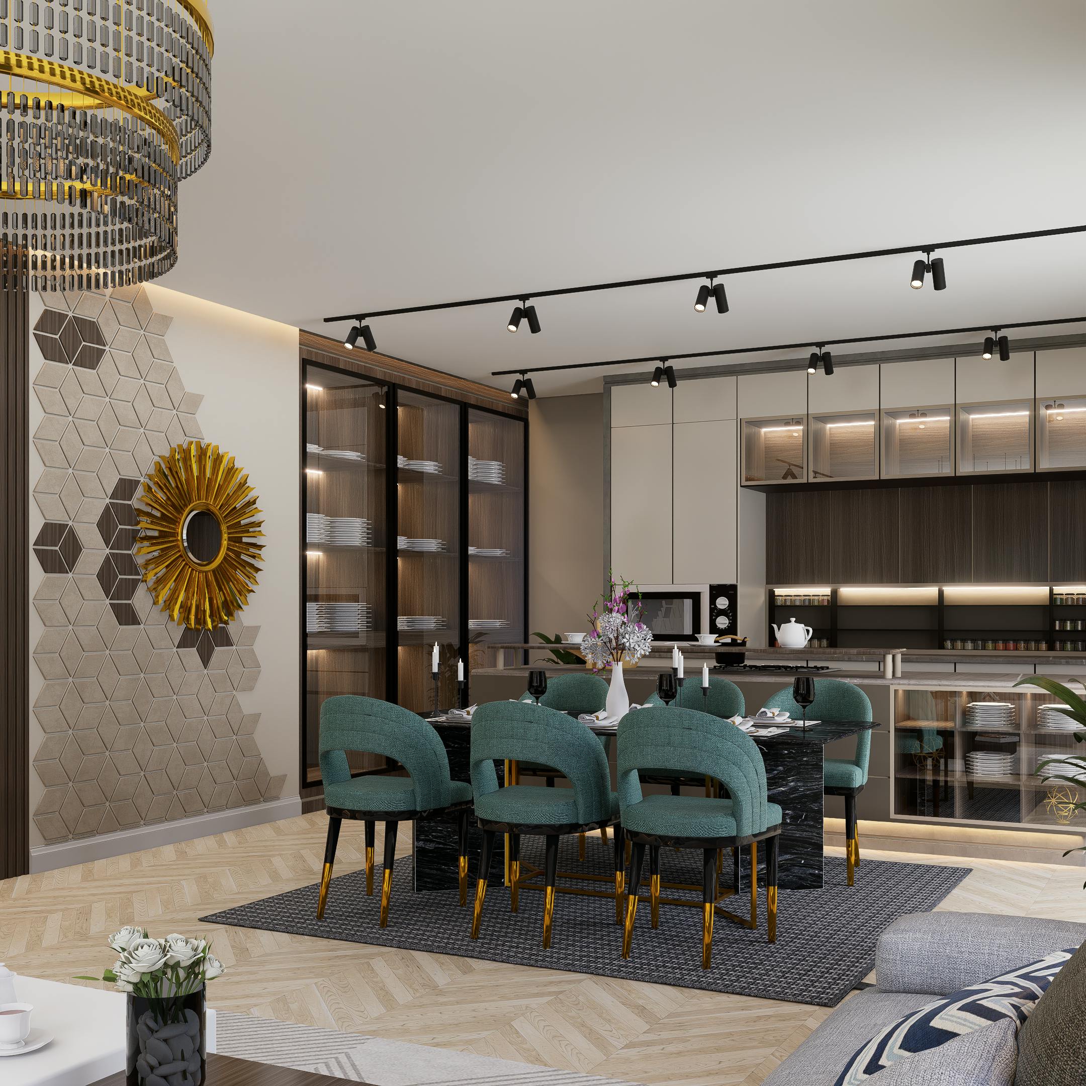 A modern dining area showcasing luxury design elements with green chairs and geometric wall decor.