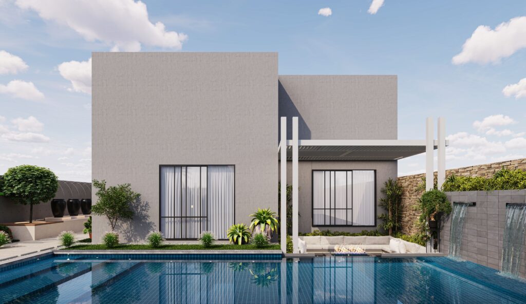 Contemporary villa showcasing sleek architecture, a tranquil pool, and serene landscaping.